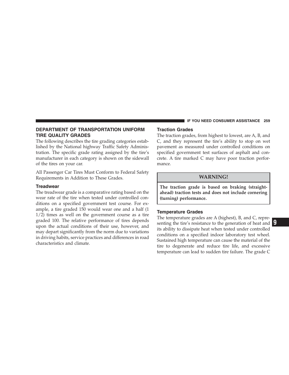 Treadwear, Traction grades, Temperature grades | Department of transportation uniform tire, Quality grades | Chrysler 2004 Concorde User Manual | Page 259 / 273