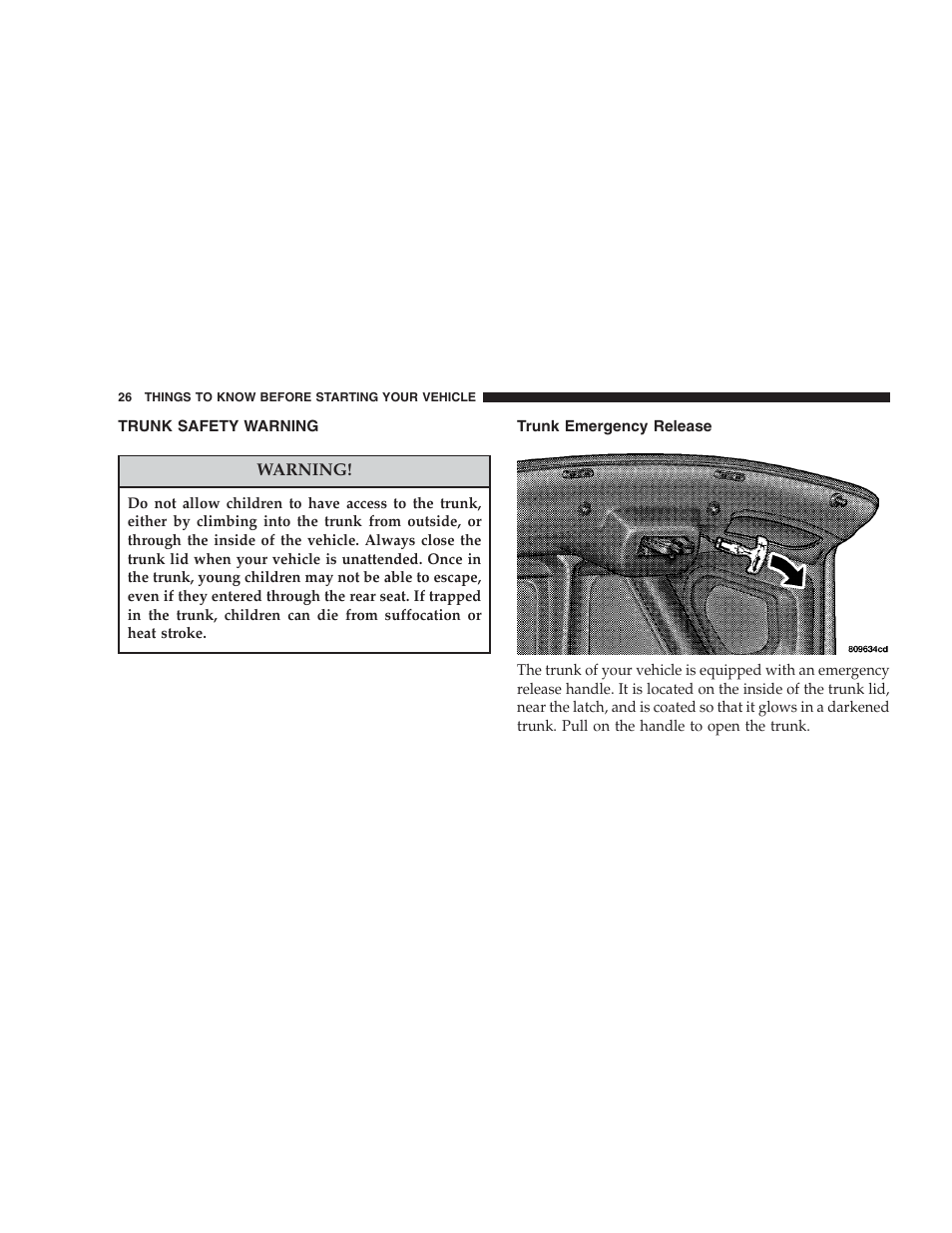Trunk safety warning, Trunk emergency release | Chrysler 2004 Concorde User Manual | Page 26 / 273