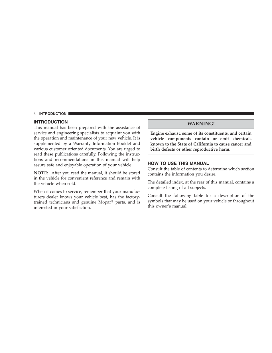 How to use this manual, Introduction | Chrysler 2004 Concorde User Manual | Page 4 / 273