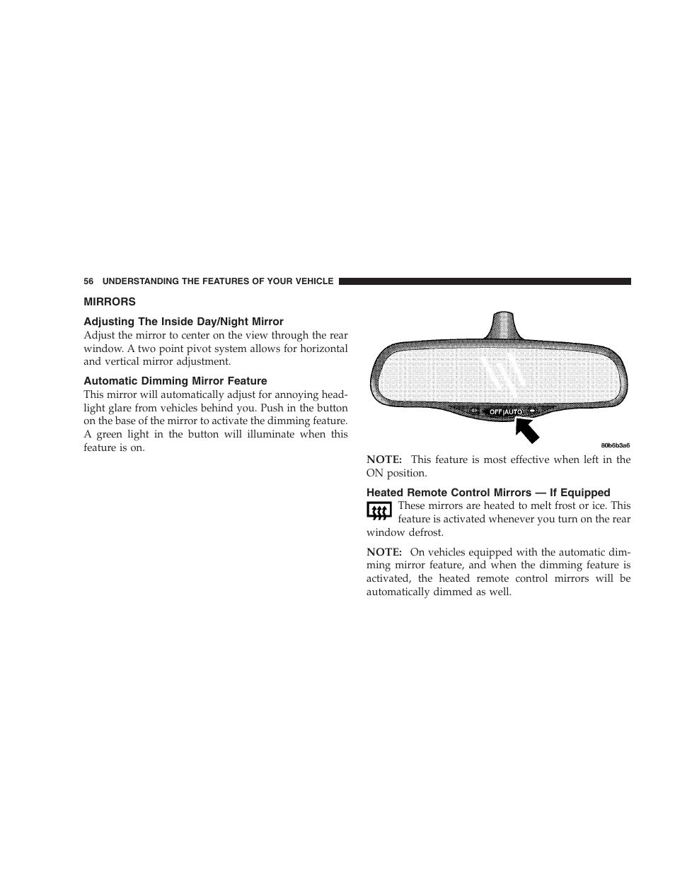 Mirrors, Adjusting the inside day/night mirror, Automatic dimming mirror feature | Heated remote control mirrors - if equipped, Heated remote control mirrors — if, Equipped | Chrysler 2004 Concorde User Manual | Page 56 / 273