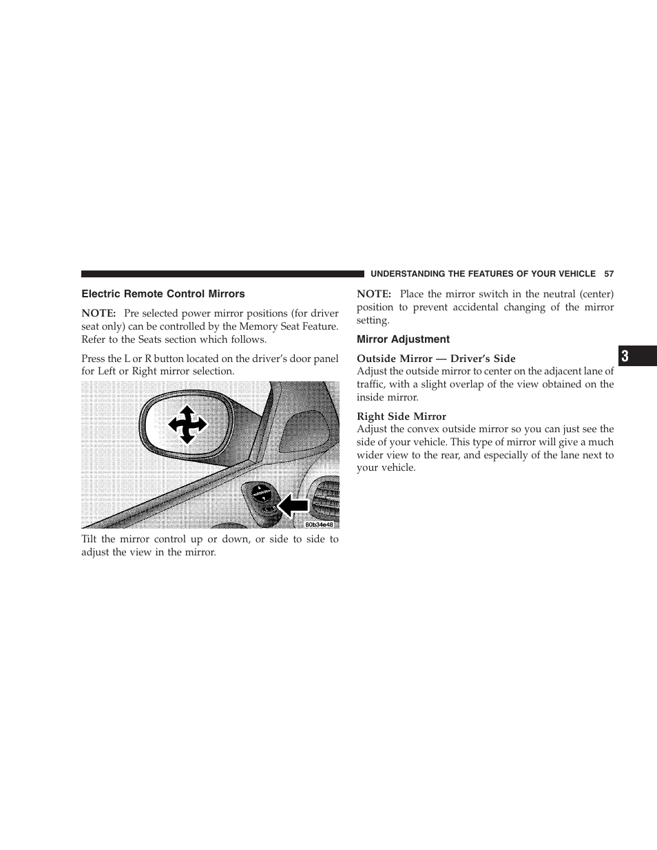 Electric remote control mirrors, Mirror adjustment | Chrysler 2004 Concorde User Manual | Page 57 / 273