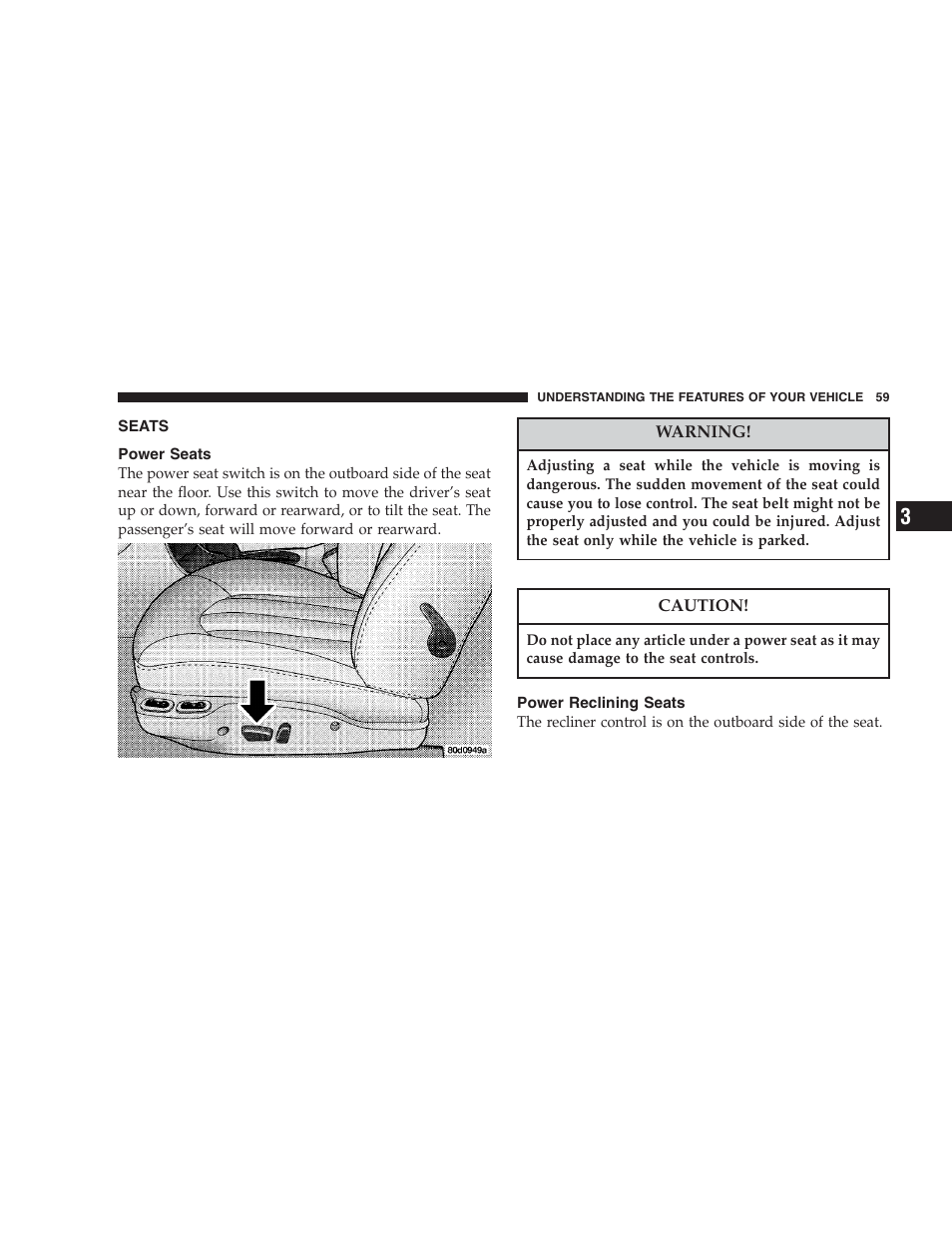 Seats, Power seats, Power reclining seats | Chrysler 2004 Concorde User Manual | Page 59 / 273