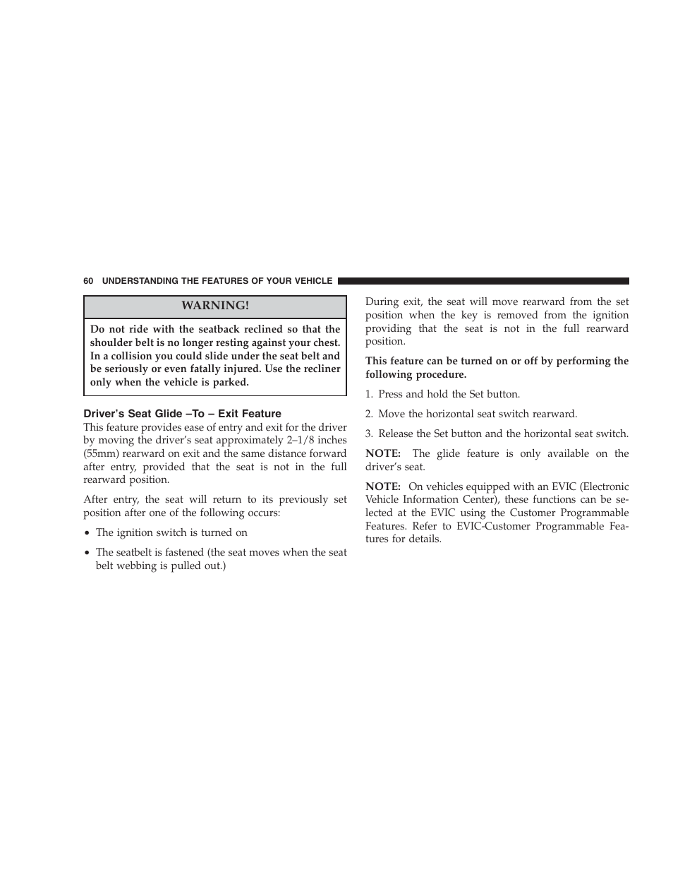 Driver's seat glide-to-exit feature, Driver’s seat glide –to – exit feature | Chrysler 2004 Concorde User Manual | Page 60 / 273