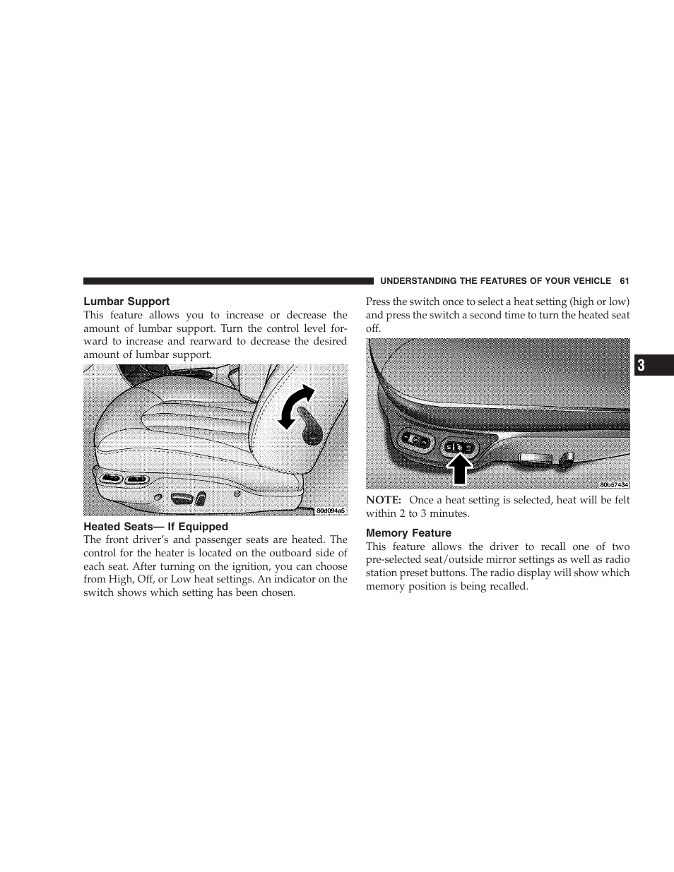 Lumbar support, Heated seats - if equipped, Memory feature | Heated seats— if equipped | Chrysler 2004 Concorde User Manual | Page 61 / 273