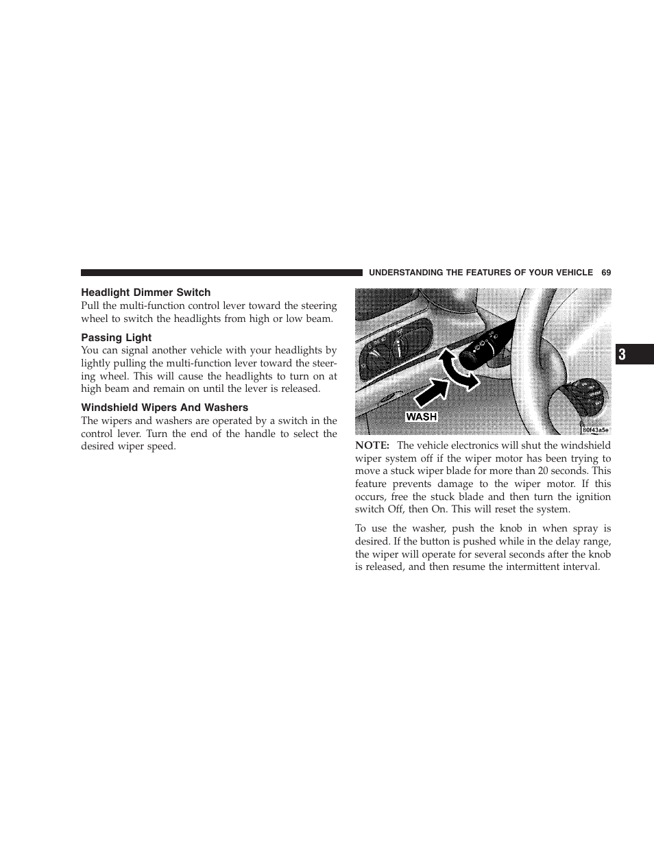 Headlight dimmer switch, Passing light, Windshield wipers and washers | Chrysler 2004 Concorde User Manual | Page 69 / 273