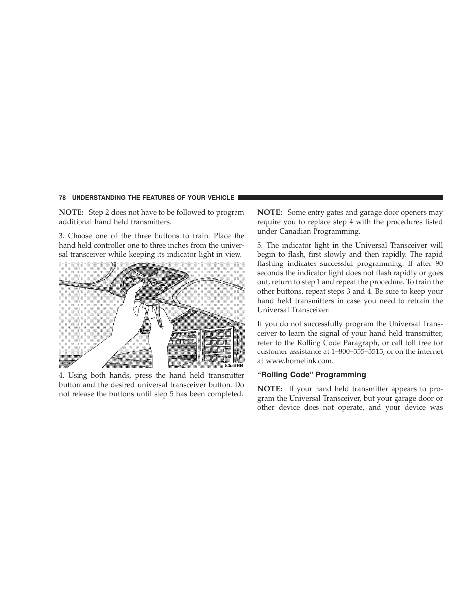 Rolling code programming, Rolling code” programming | Chrysler 2004 Concorde User Manual | Page 78 / 273