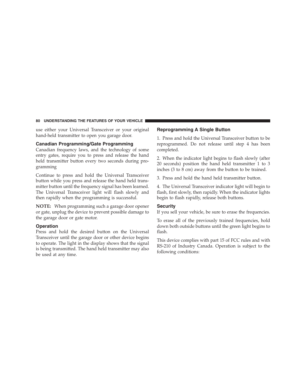 Canadian programming/gate programming, Operation, Reprogramming a single button | Security | Chrysler 2004 Concorde User Manual | Page 80 / 273