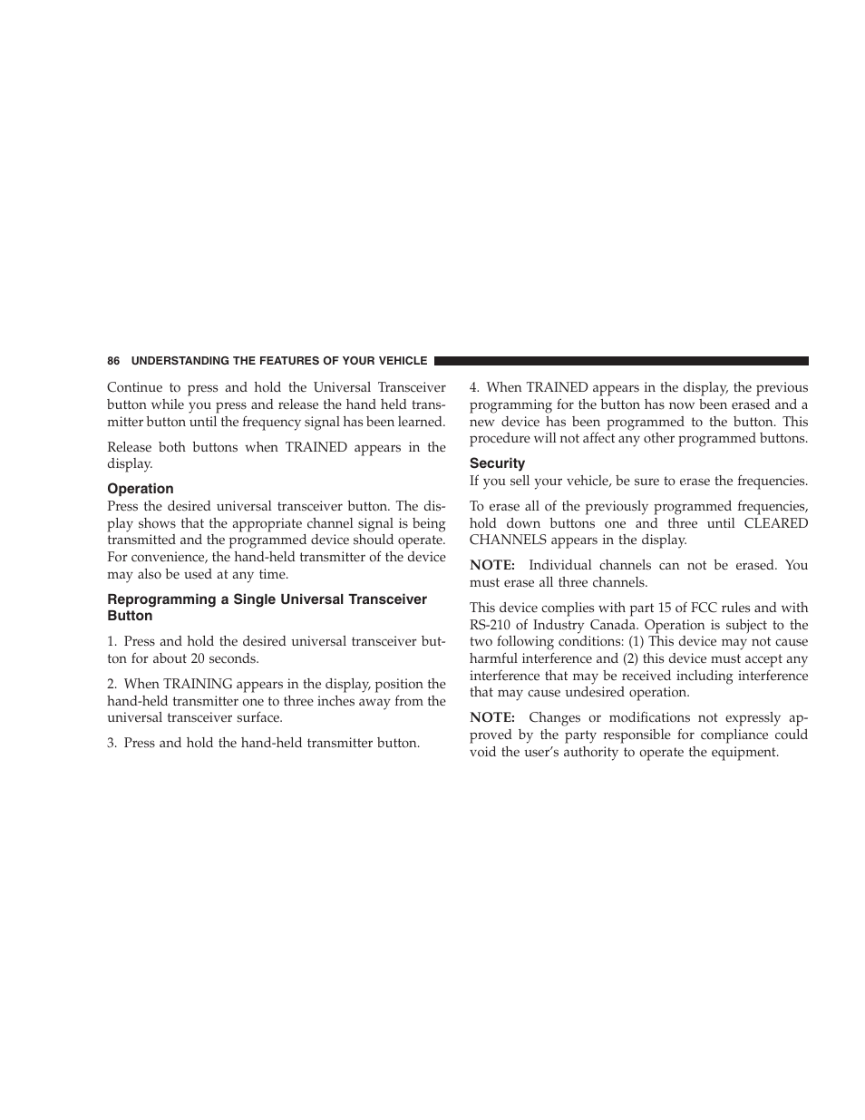 Operation, Security, Reprogramming a single universal transceiver | Button | Chrysler 2004 Concorde User Manual | Page 86 / 273
