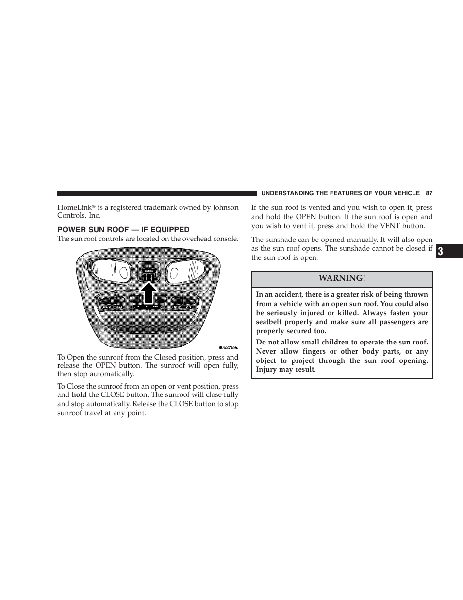 Power sun roof - if equipped, Power sun roof — if equipped | Chrysler 2004 Concorde User Manual | Page 87 / 273