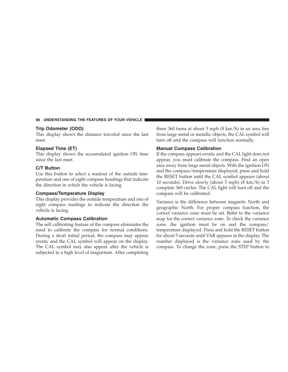 Trip odometer (odo), Elapsed time (et), C/t button | Compass/temperature display, Automatic compass calibration, Manual compass calibration | Chrysler 2004 Concorde User Manual | Page 98 / 273