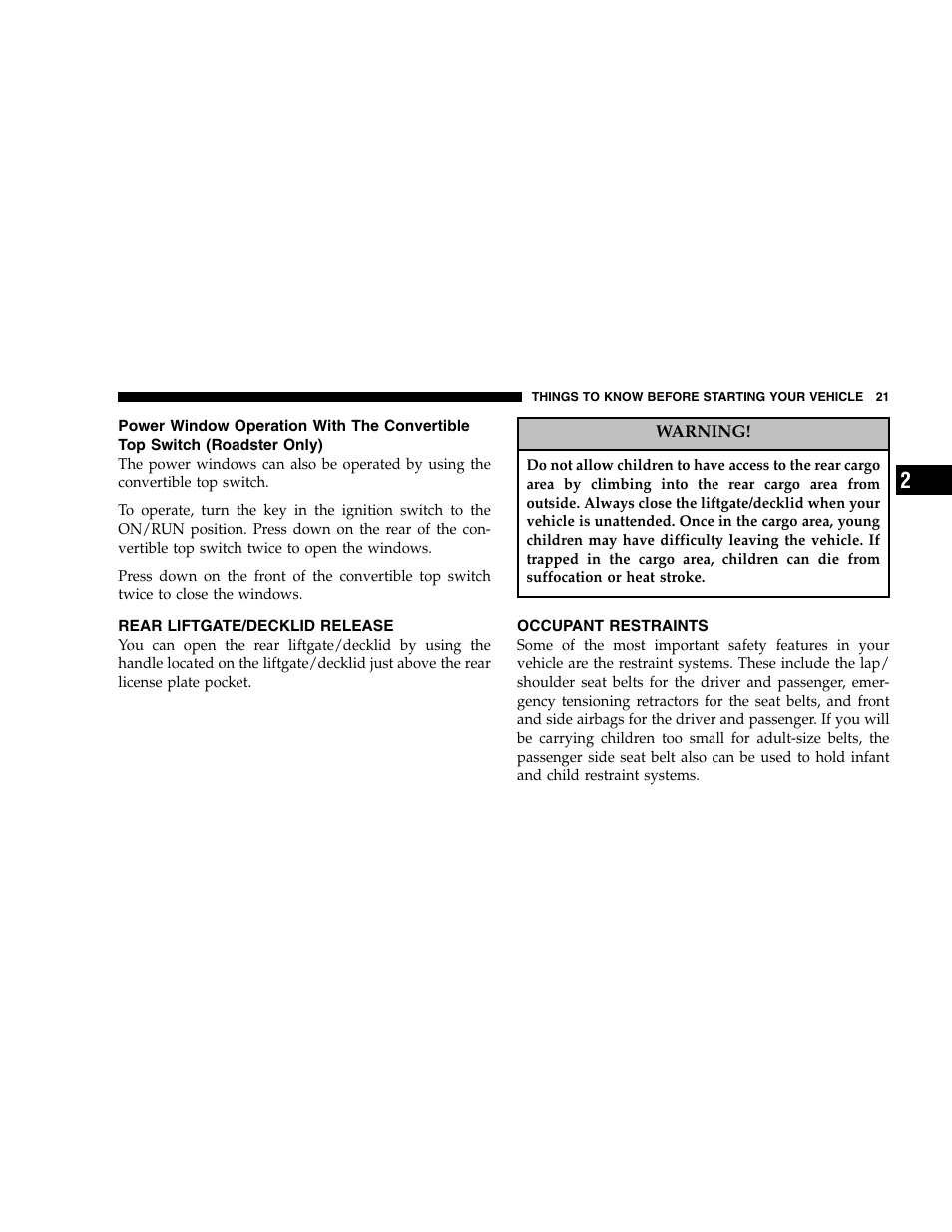 Chrysler 2005 Crossfire User Manual | Page 21 / 288