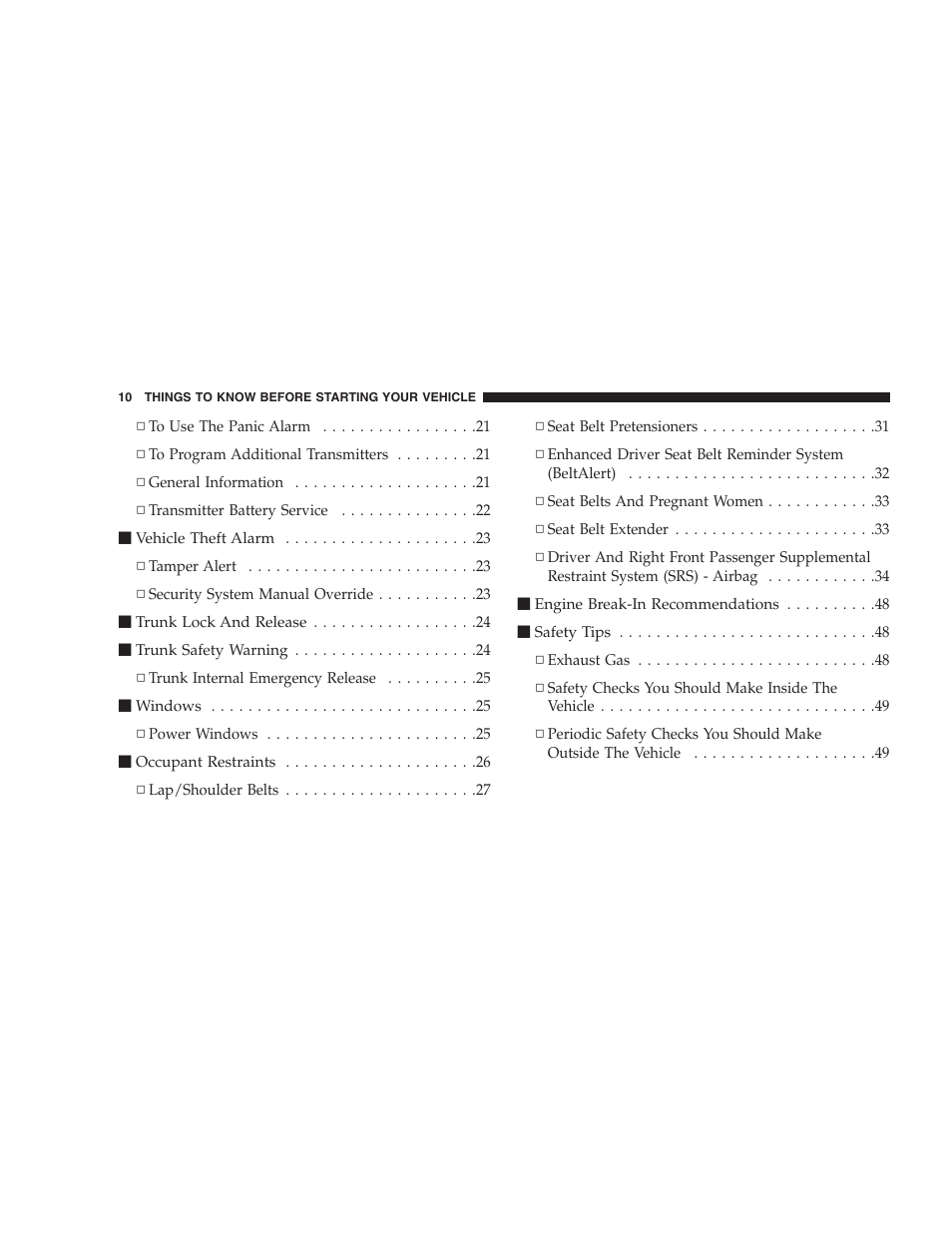 Chrysler 2005 Sebring Sedan User Manual | Page 10 / 291