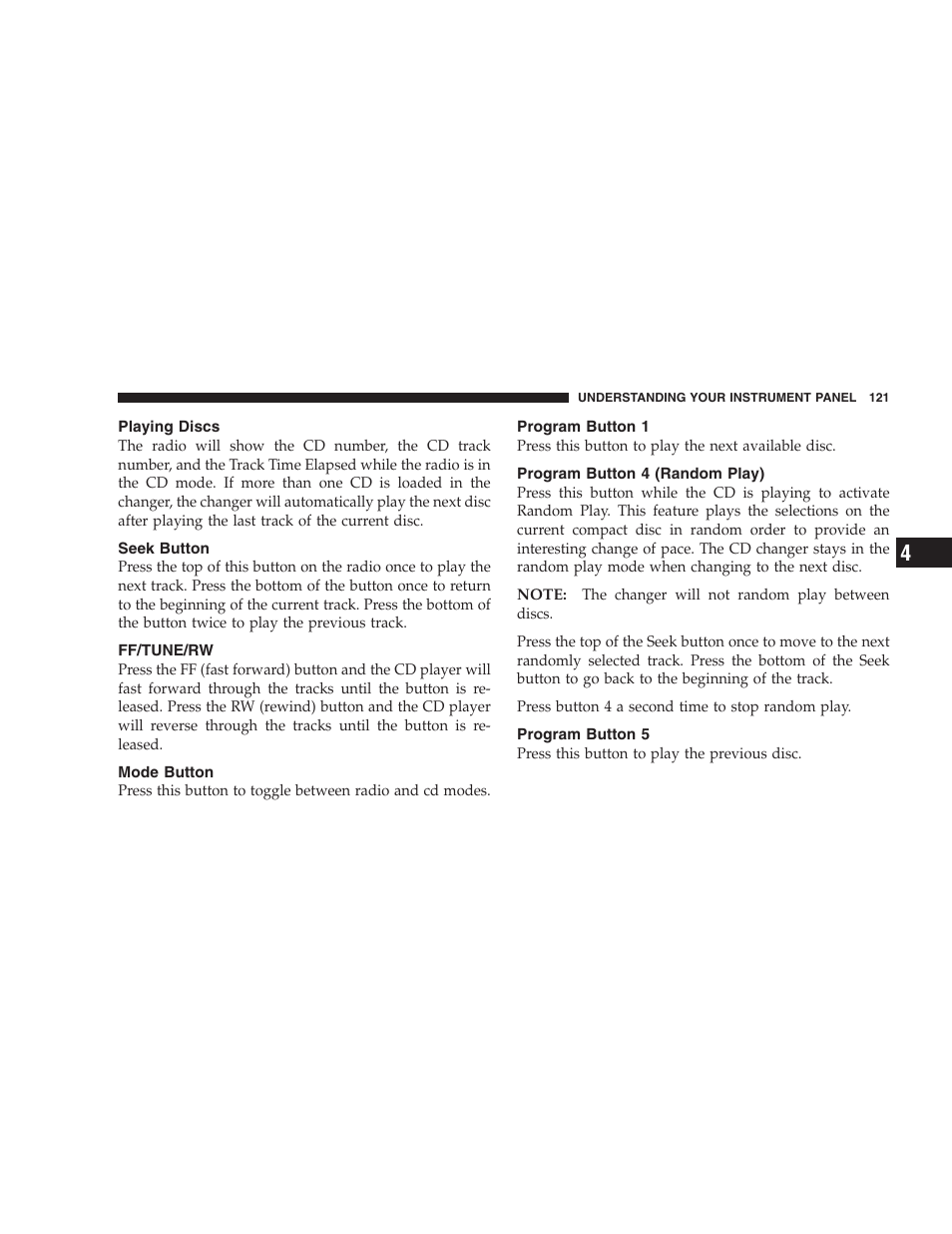Playing discs, Seek button, Ff/tune/rw | Mode button, Program button 1, Program button 4 (random play), Program button 5 | Chrysler 2005 Sebring Sedan User Manual | Page 121 / 291