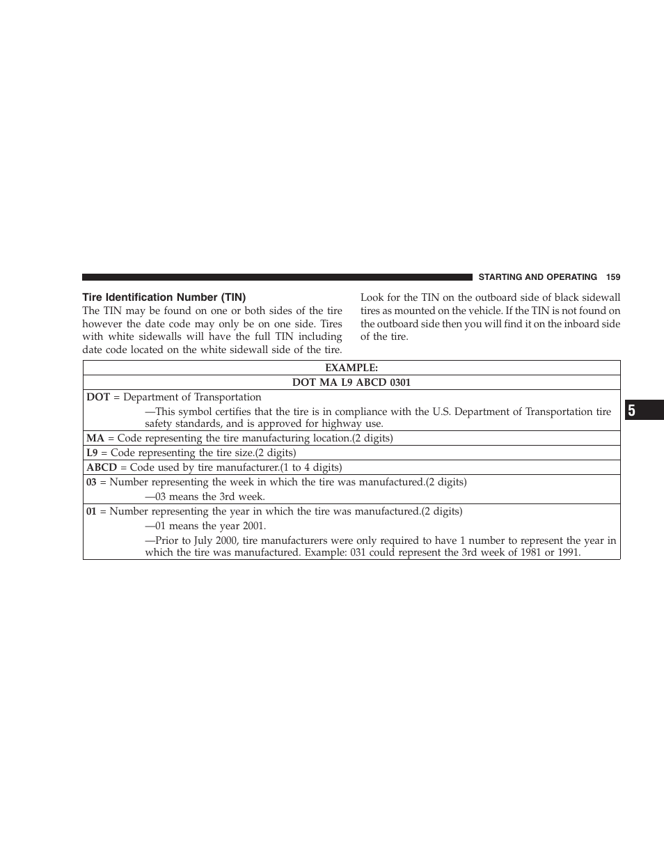 Tire identification number (tin) | Chrysler 2005 Sebring Sedan User Manual | Page 159 / 291
