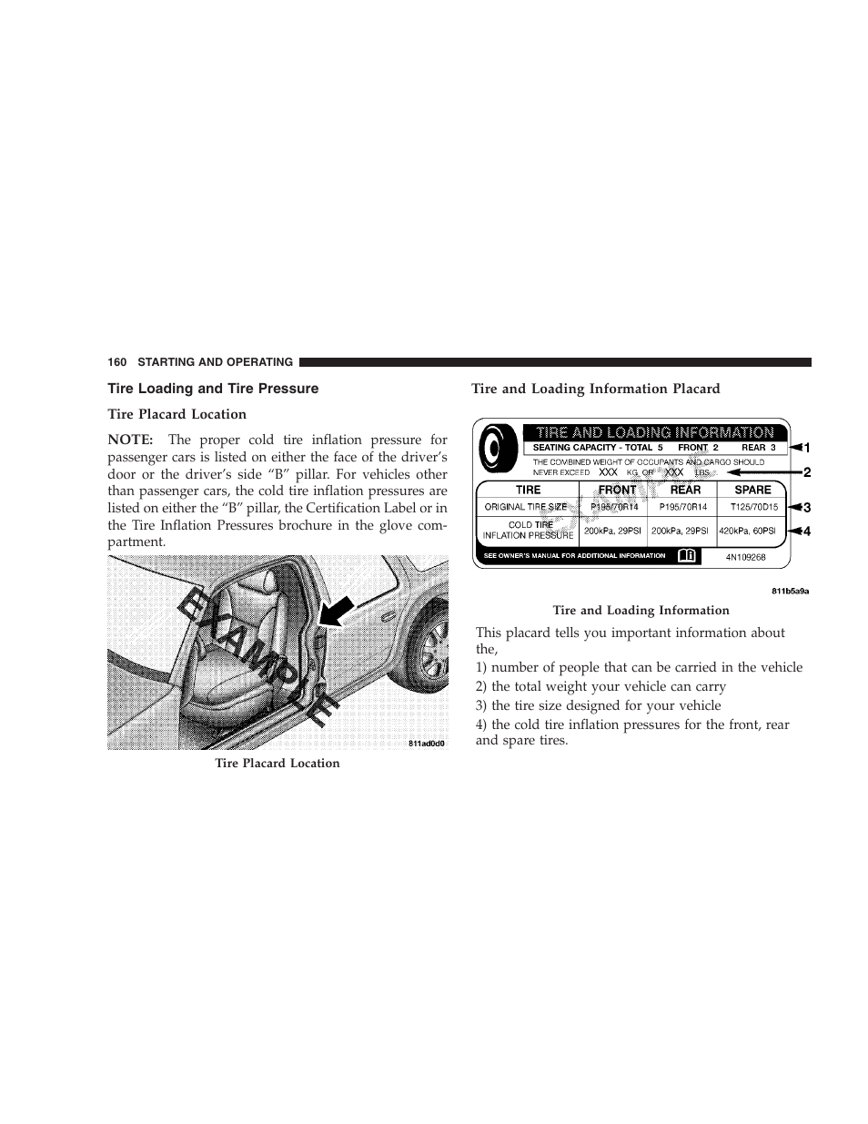 Tire loading and tire pressure | Chrysler 2005 Sebring Sedan User Manual | Page 160 / 291