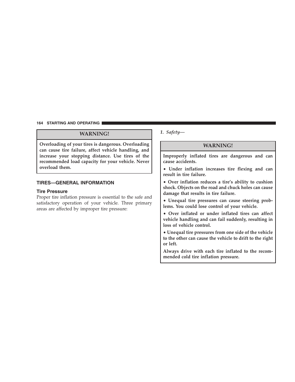 Tires—general information, Tire pressure | Chrysler 2005 Sebring Sedan User Manual | Page 164 / 291