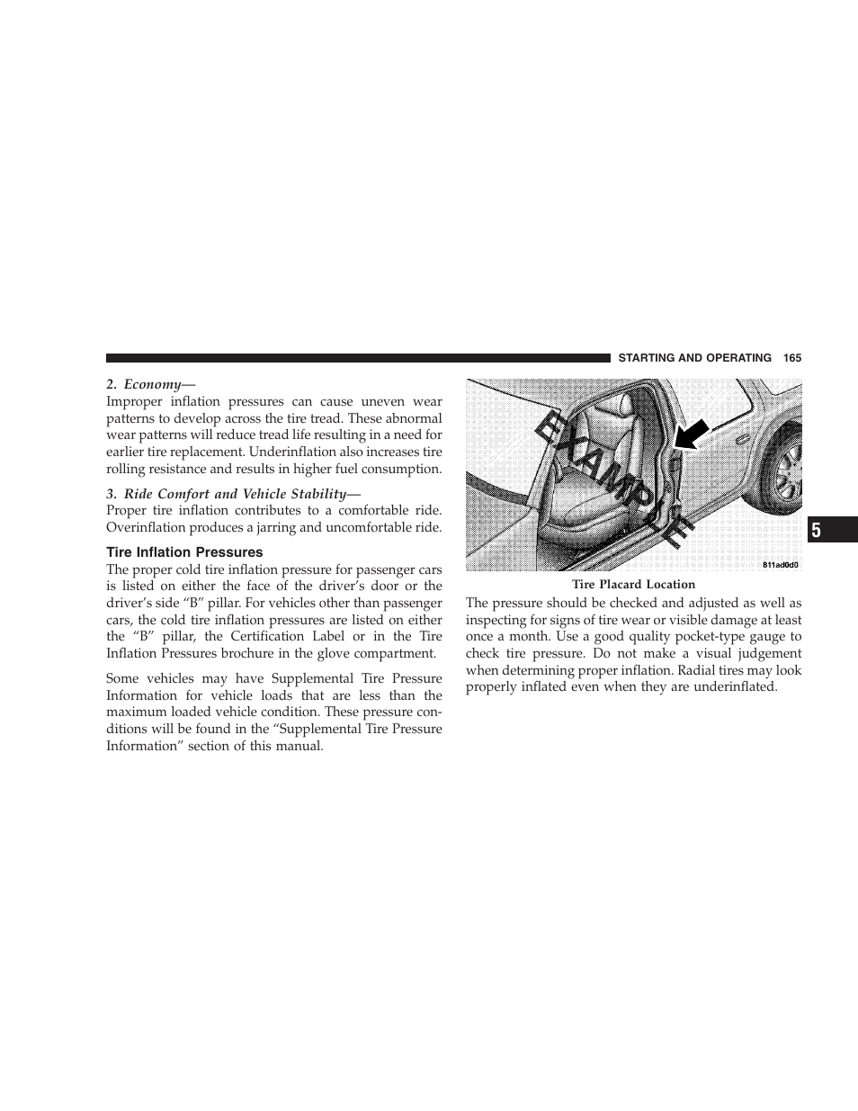 Tire inflation pressures | Chrysler 2005 Sebring Sedan User Manual | Page 165 / 291