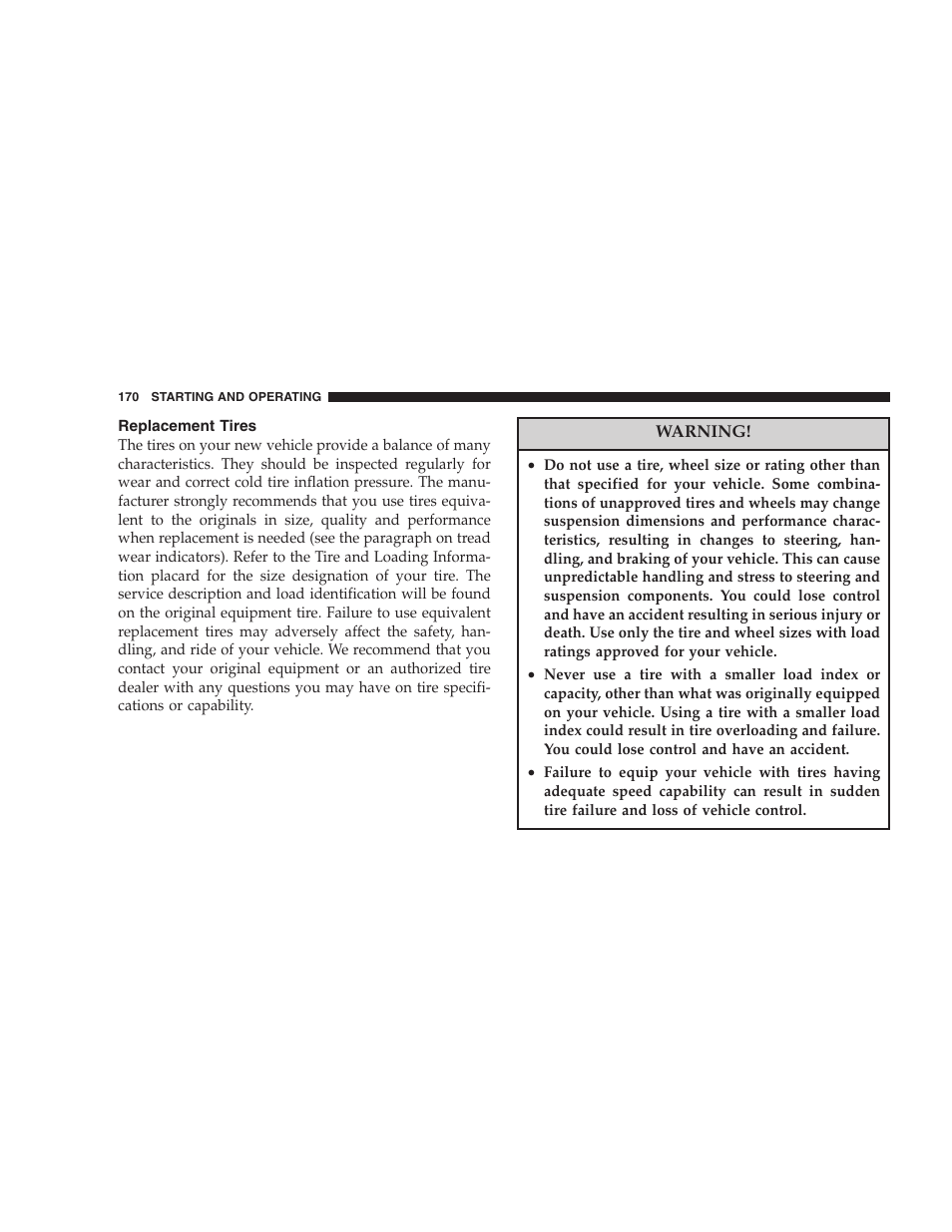 Replacement tires | Chrysler 2005 Sebring Sedan User Manual | Page 170 / 291