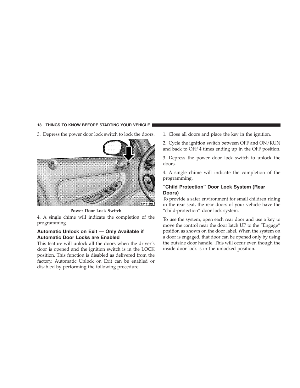 Automatic unlock on exit — only available if, Automatic door locks are enabled, Child protection” door lock system | Rear doors) | Chrysler 2005 Sebring Sedan User Manual | Page 18 / 291