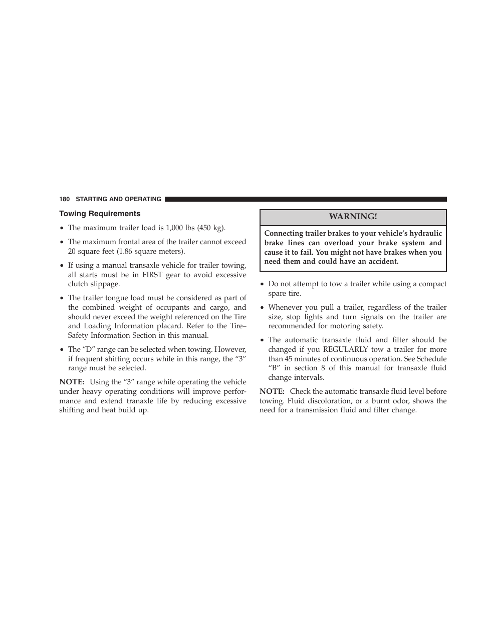Towing requirements | Chrysler 2005 Sebring Sedan User Manual | Page 180 / 291