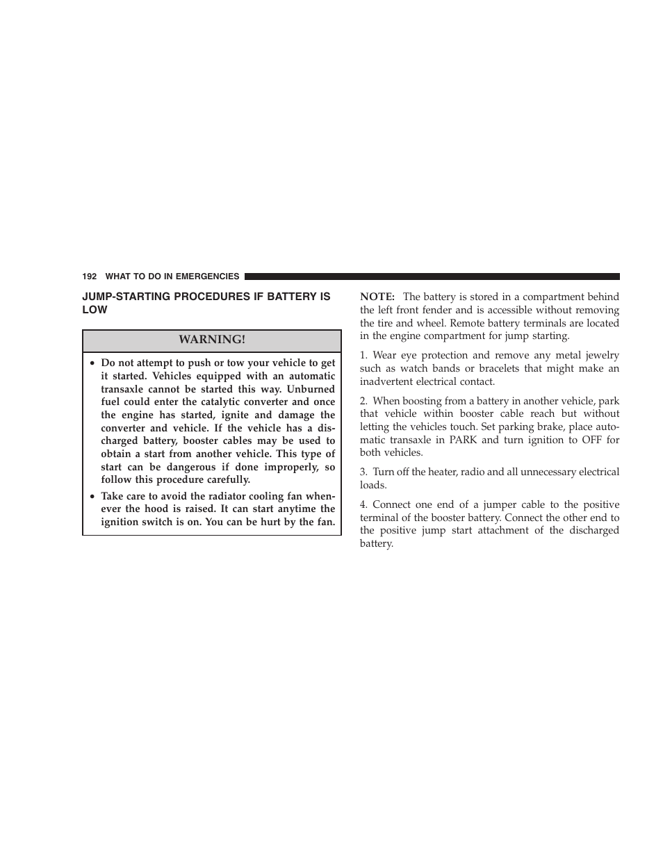 Jump-starting procedures if battery is low | Chrysler 2005 Sebring Sedan User Manual | Page 192 / 291