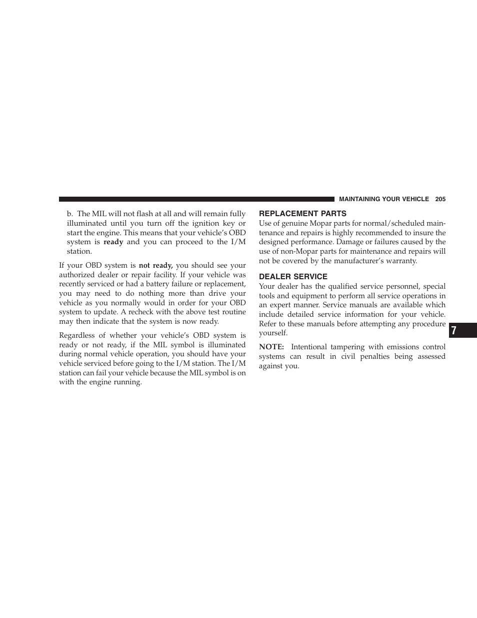 Replacement parts, Dealer service | Chrysler 2005 Sebring Sedan User Manual | Page 205 / 291