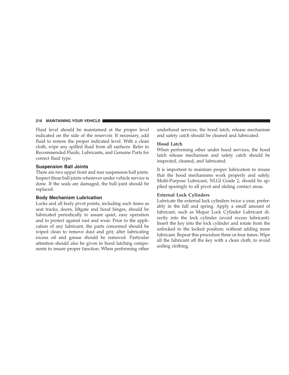 Suspension ball joints, Body mechanism lubrication | Chrysler 2005 Sebring Sedan User Manual | Page 216 / 291