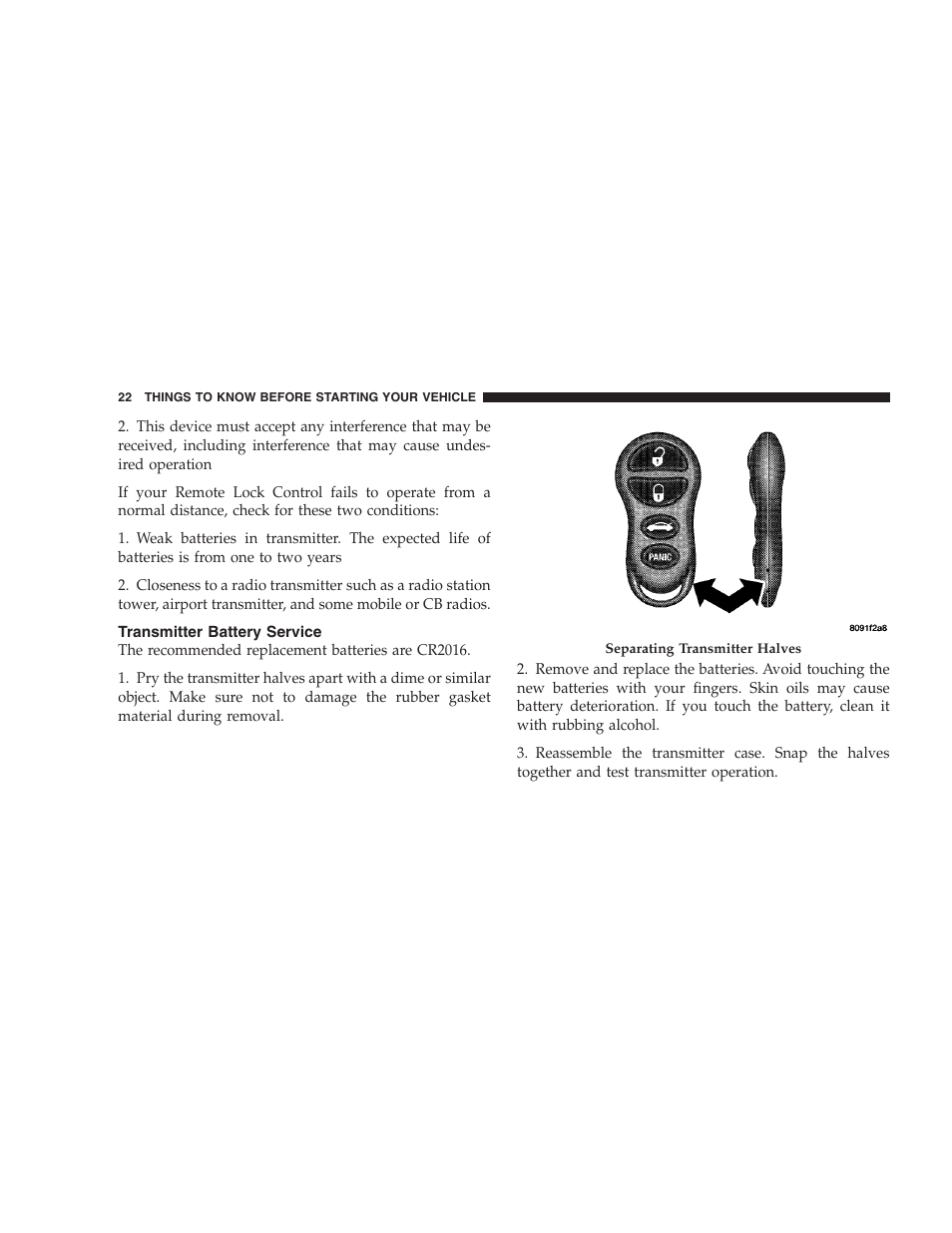 Transmitter battery service | Chrysler 2005 Sebring Sedan User Manual | Page 22 / 291