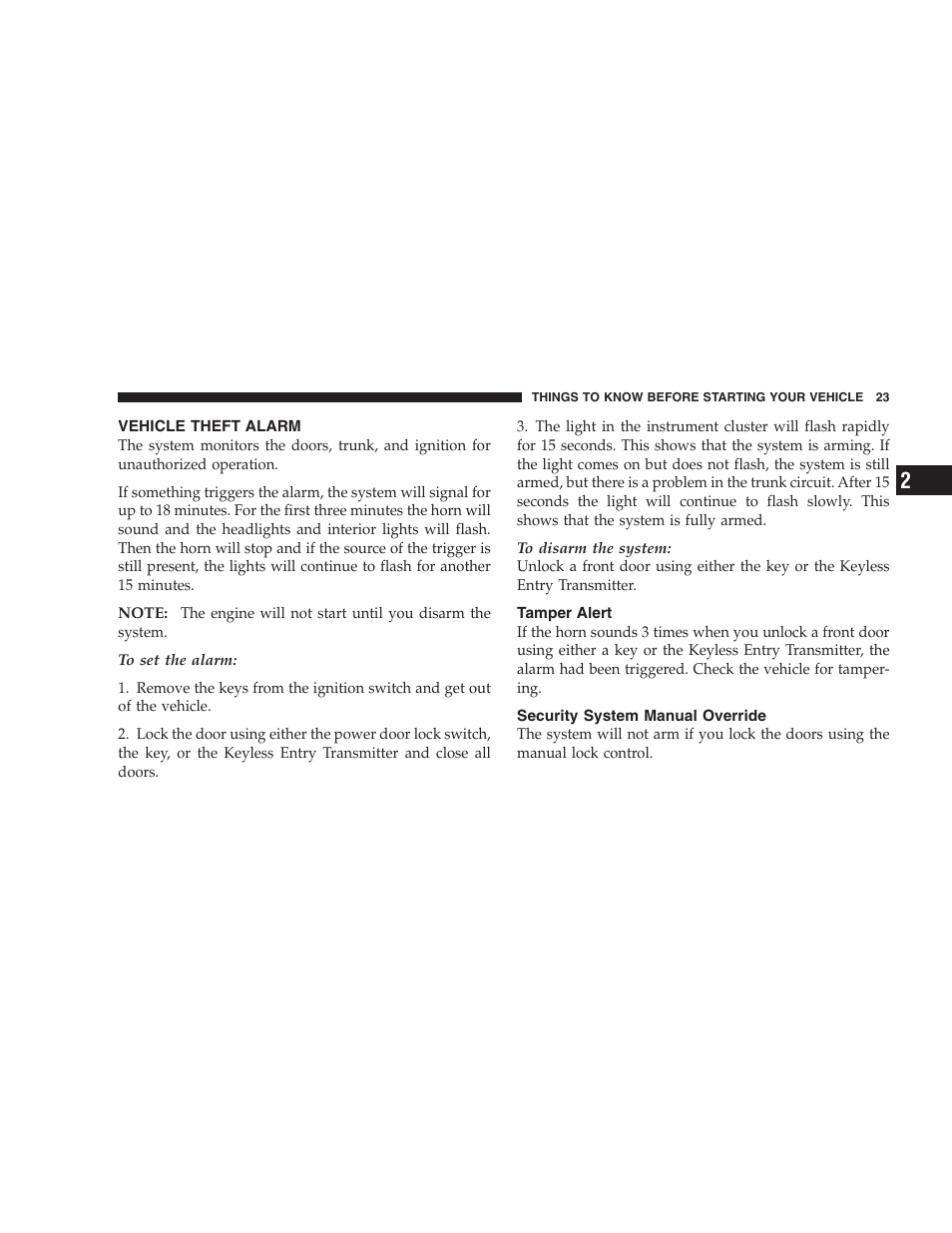 Vehicle theft alarm, Tamper alert, Security system manual override | Chrysler 2005 Sebring Sedan User Manual | Page 23 / 291