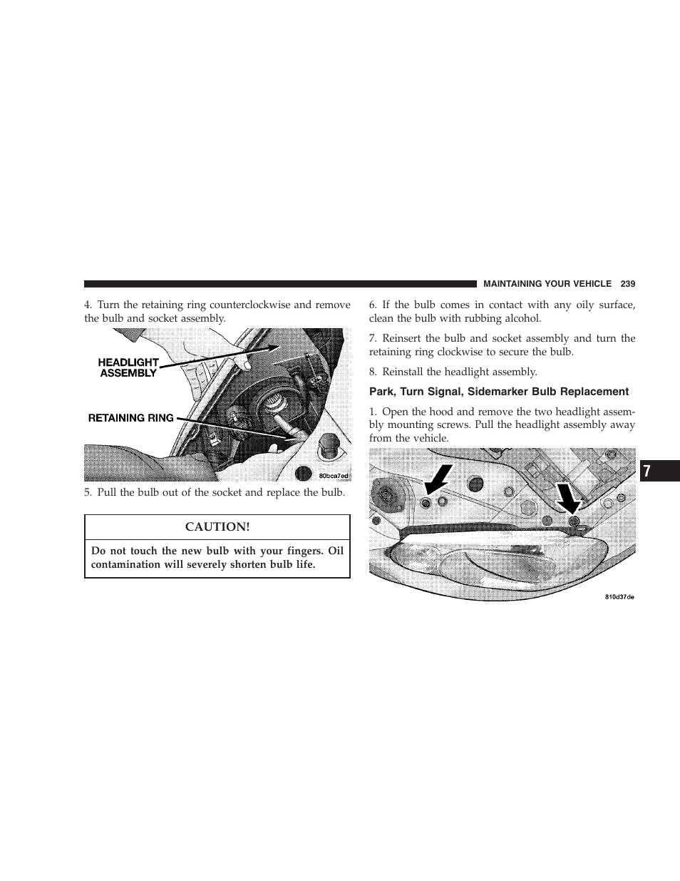 Park, turn signal, sidemarker bulb, Replacement | Chrysler 2005 Sebring Sedan User Manual | Page 239 / 291