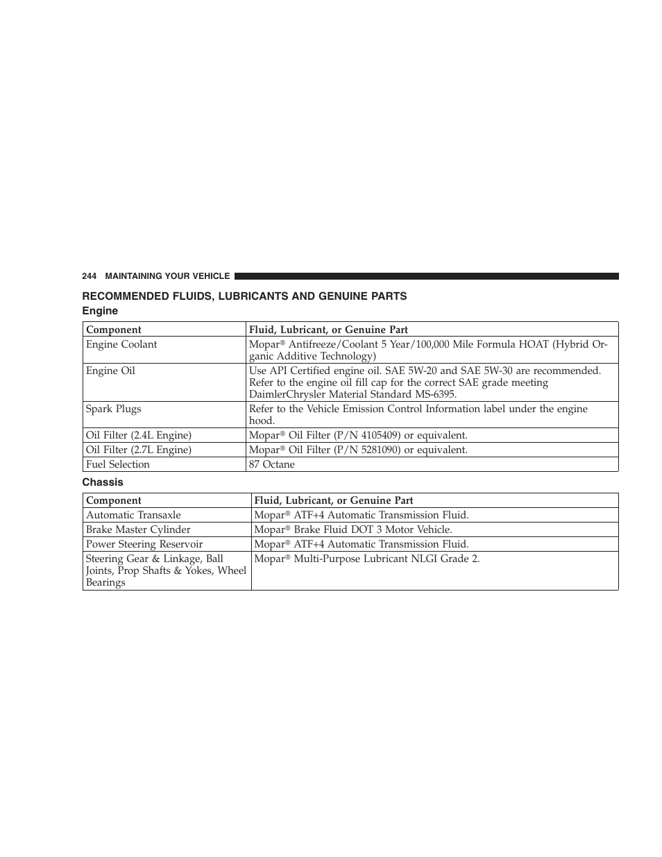 Recommended fluids, lubricants and, Genuine parts, Engine | Chassis | Chrysler 2005 Sebring Sedan User Manual | Page 244 / 291