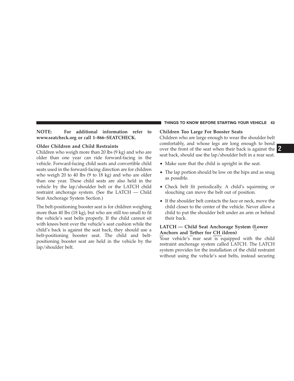 Chrysler 2005 Sebring Sedan User Manual | Page 43 / 291
