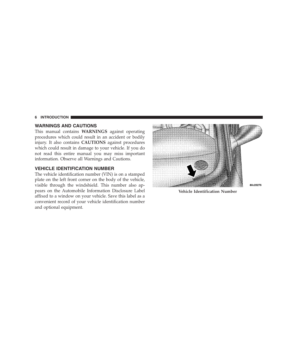Warnings and cautions, Vehicle identification number | Chrysler 2005 Sebring Sedan User Manual | Page 6 / 291