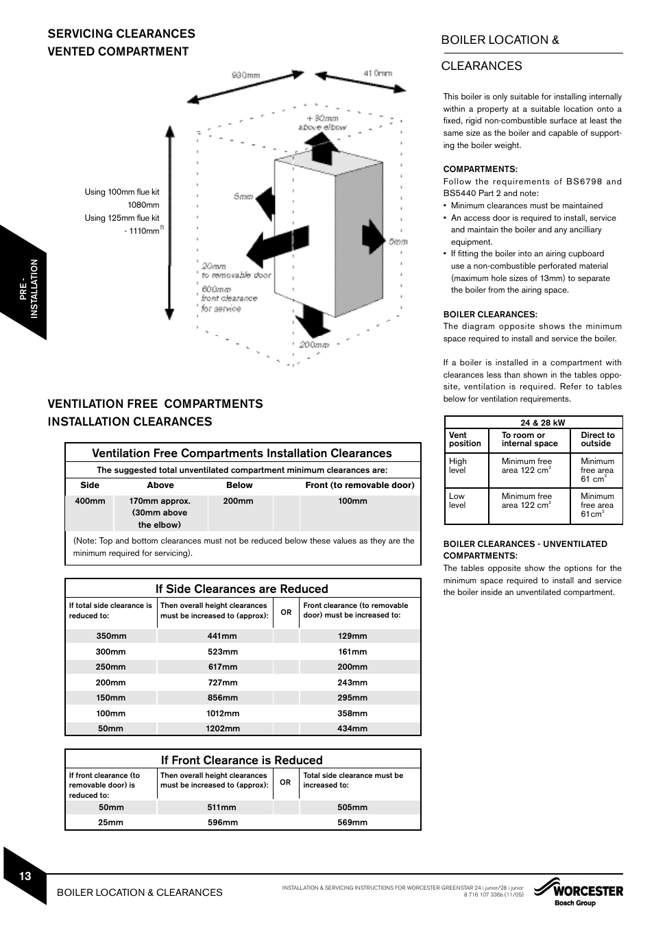 Boiler location & clearances, If side clearances are reduced, If front clearance is reduced | Bosch GREENSTAR 24i junior User Manual | Page 14 / 62