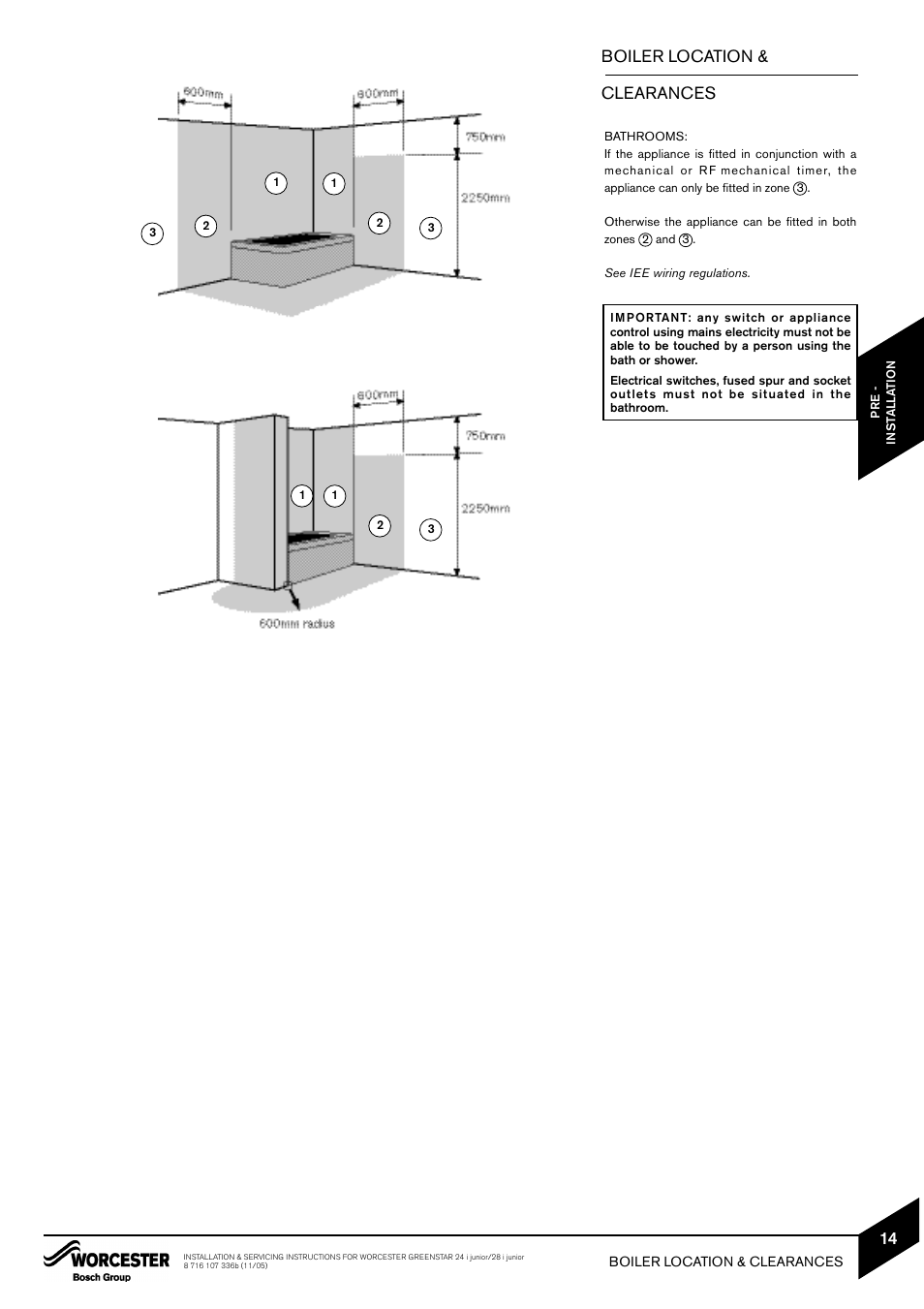 Boiler location & clearances | Bosch GREENSTAR 24i junior User Manual | Page 15 / 62