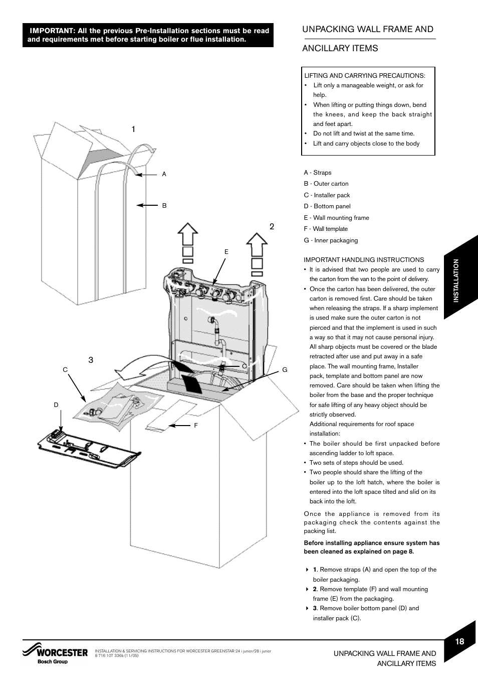 Unpacking wall frame and ancillary items | Bosch GREENSTAR 24i junior User Manual | Page 19 / 62