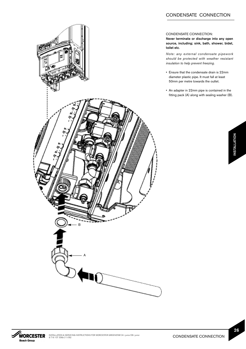 Condensate connection | Bosch GREENSTAR 24i junior User Manual | Page 27 / 62