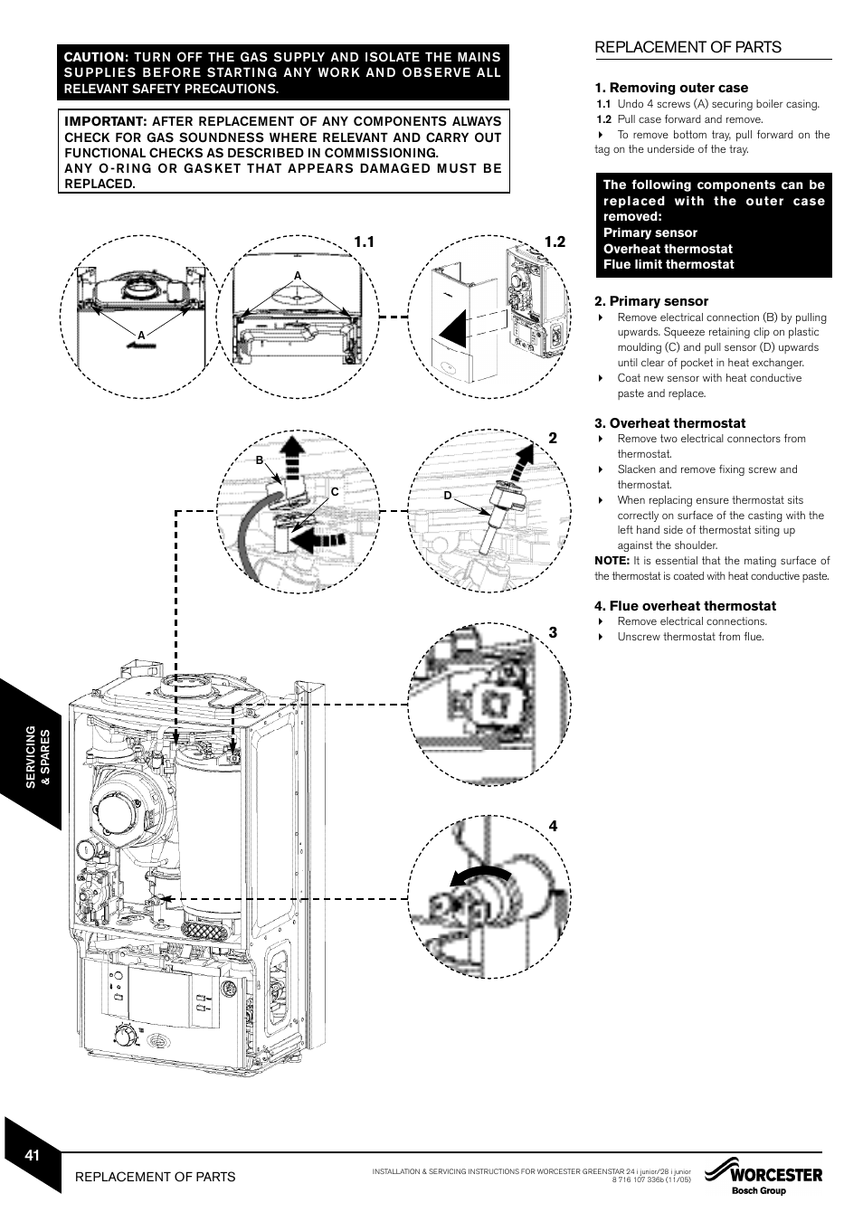 Replacement of parts | Bosch GREENSTAR 24i junior User Manual | Page 42 / 62