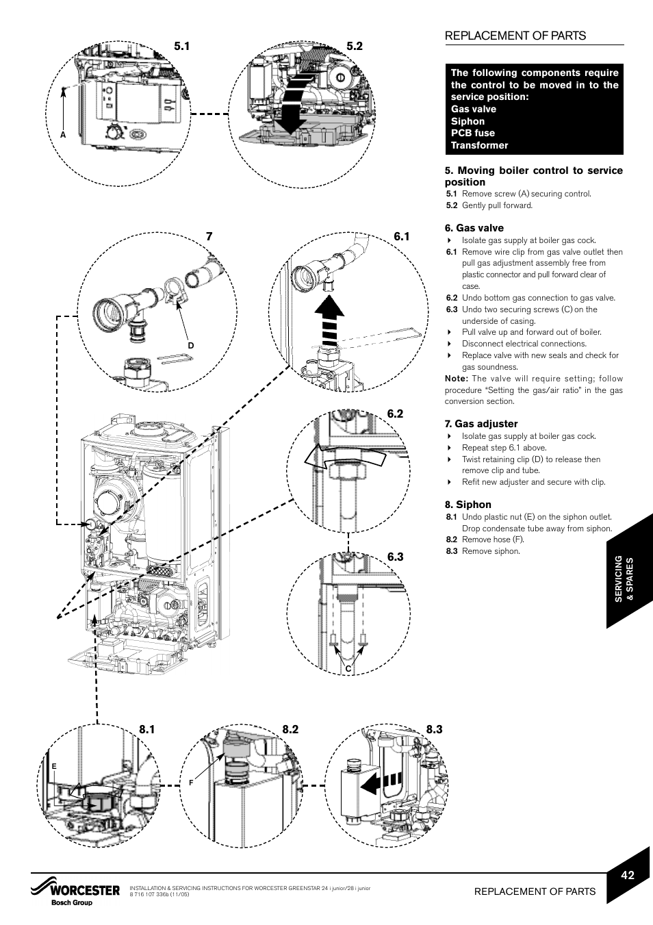 Replacement of parts | Bosch GREENSTAR 24i junior User Manual | Page 43 / 62