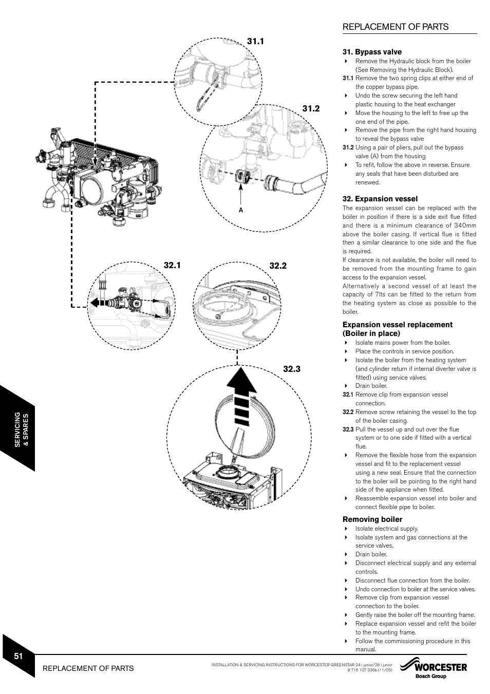 Replacement of parts | Bosch GREENSTAR 24i junior User Manual | Page 52 / 62