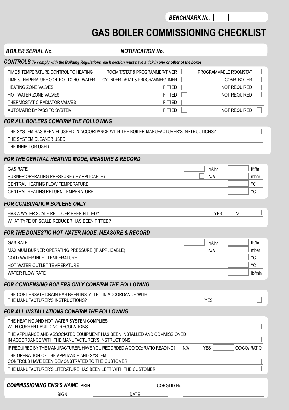 Gas boiler commissioning checklist | Bosch GREENSTAR 24i junior User Manual | Page 60 / 62