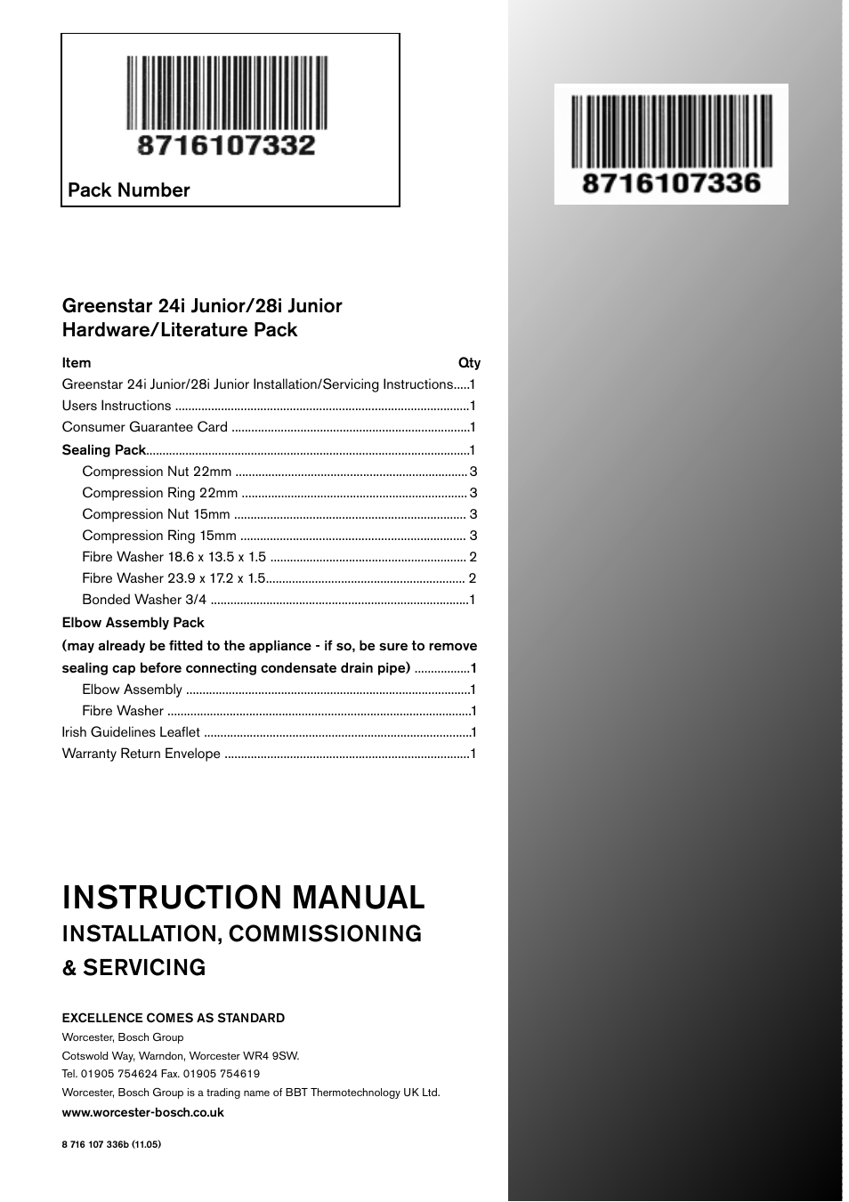 Check list, Instruction manual, Installation, commissioning & servicing | Pack number | Bosch GREENSTAR 24i junior User Manual | Page 62 / 62