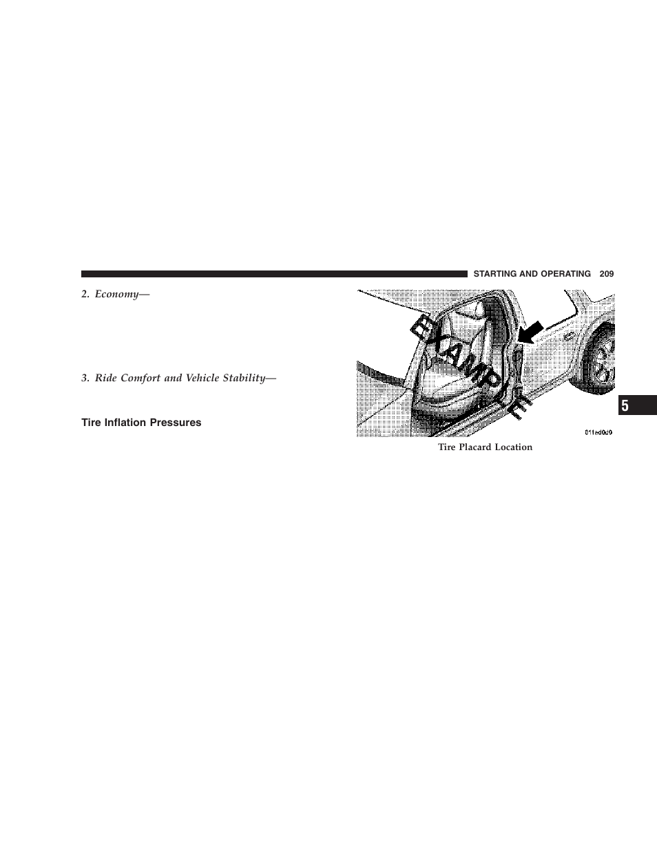 Tire inflation pressures | Chrysler 2006 300 SRT User Manual | Page 209 / 320