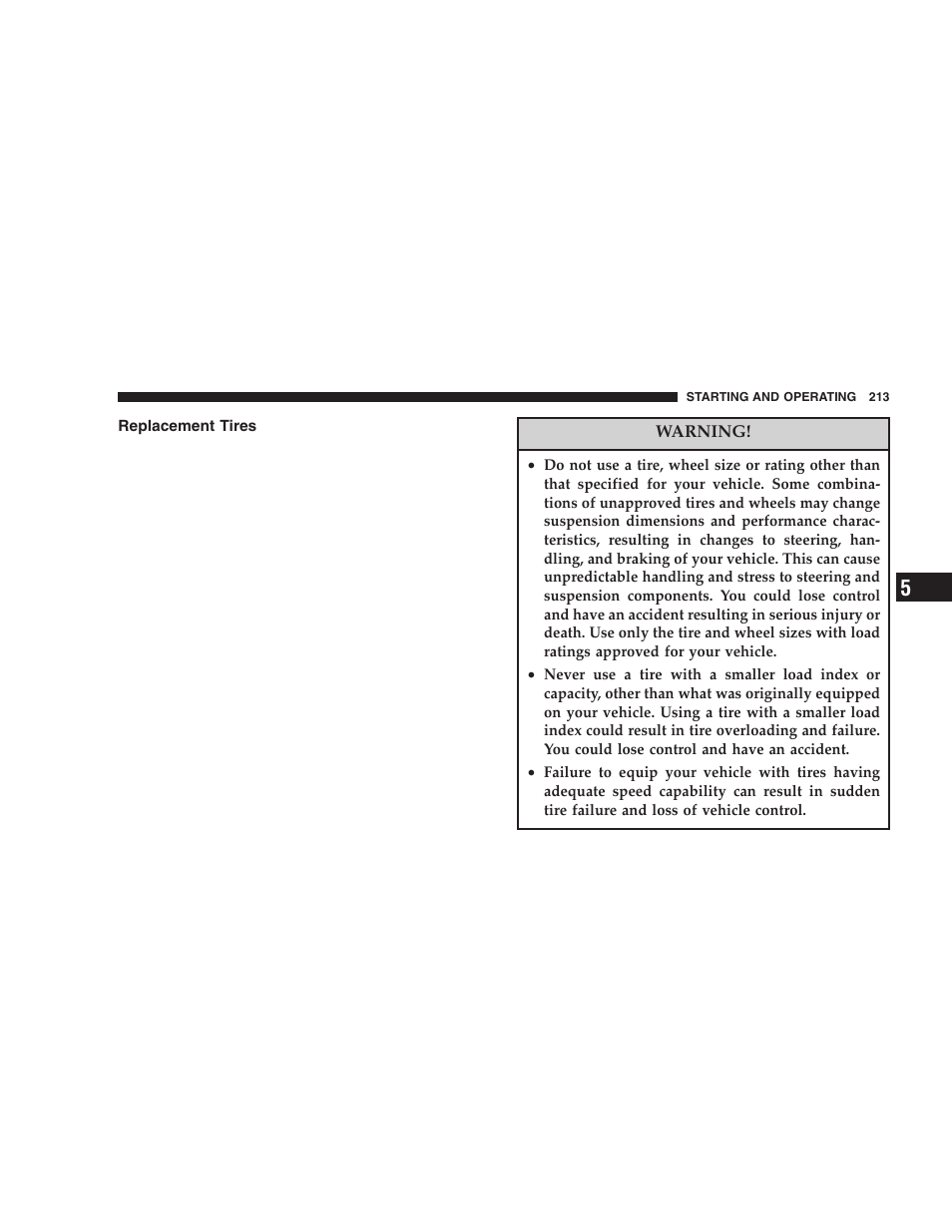 Replacement tires | Chrysler 2006 300 SRT User Manual | Page 213 / 320