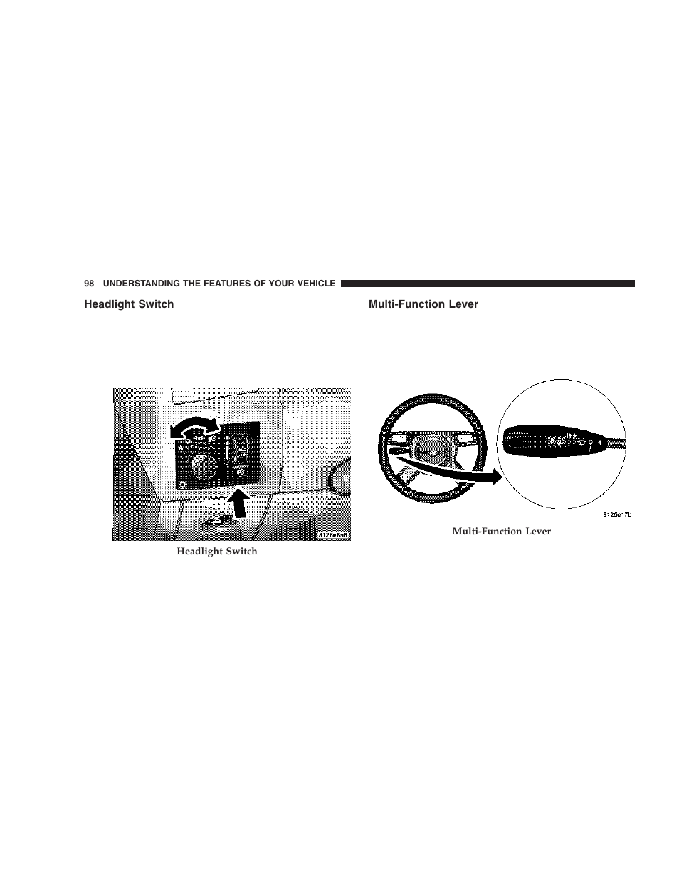 Headlight switch, Multi-function lever | Chrysler 2006 300 SRT User Manual | Page 98 / 320