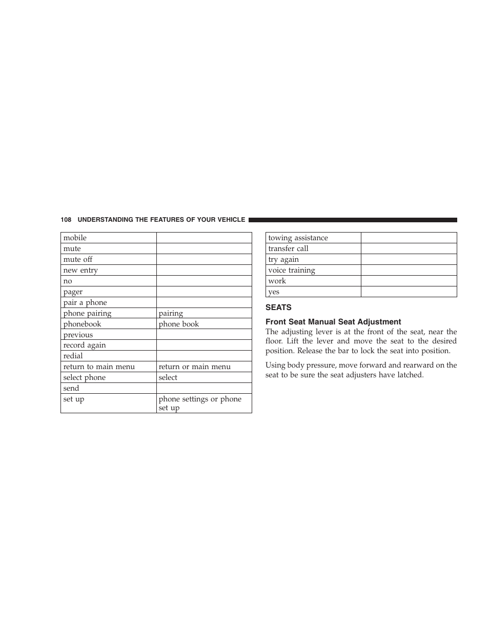 Seats, Front seat manual seat adjustment | Chrysler 2007 Aspen User Manual | Page 108 / 472