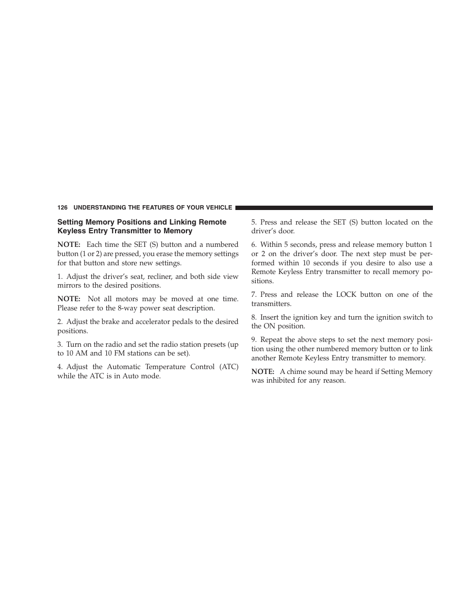 Setting memory positions and linking remote, Keyless entry transmitter to memory | Chrysler 2007 Aspen User Manual | Page 126 / 472