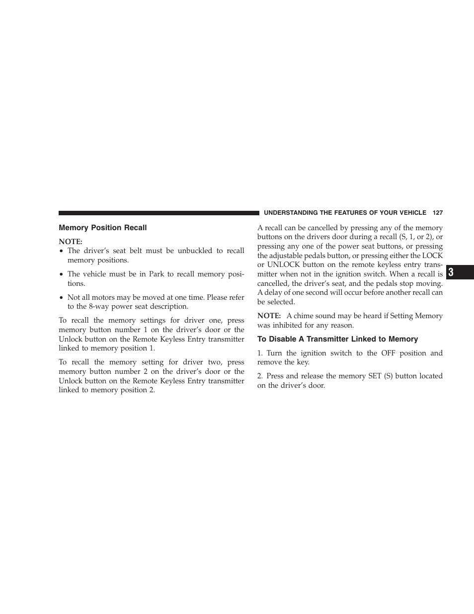 Memory position recall, To disable a transmitter linked to memory | Chrysler 2007 Aspen User Manual | Page 127 / 472