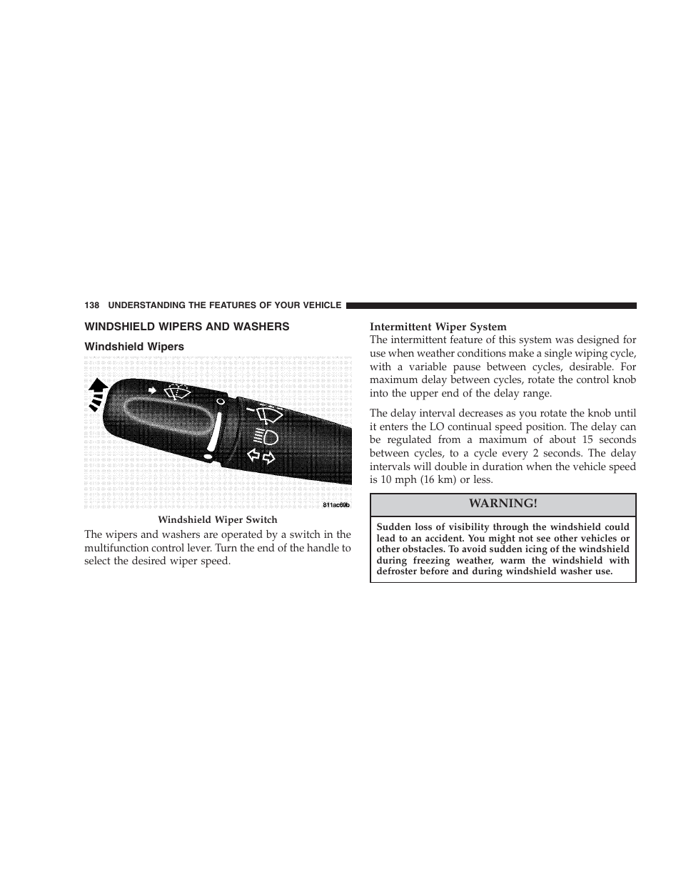 Windshield wipers and washers, Windshield wipers | Chrysler 2007 Aspen User Manual | Page 138 / 472