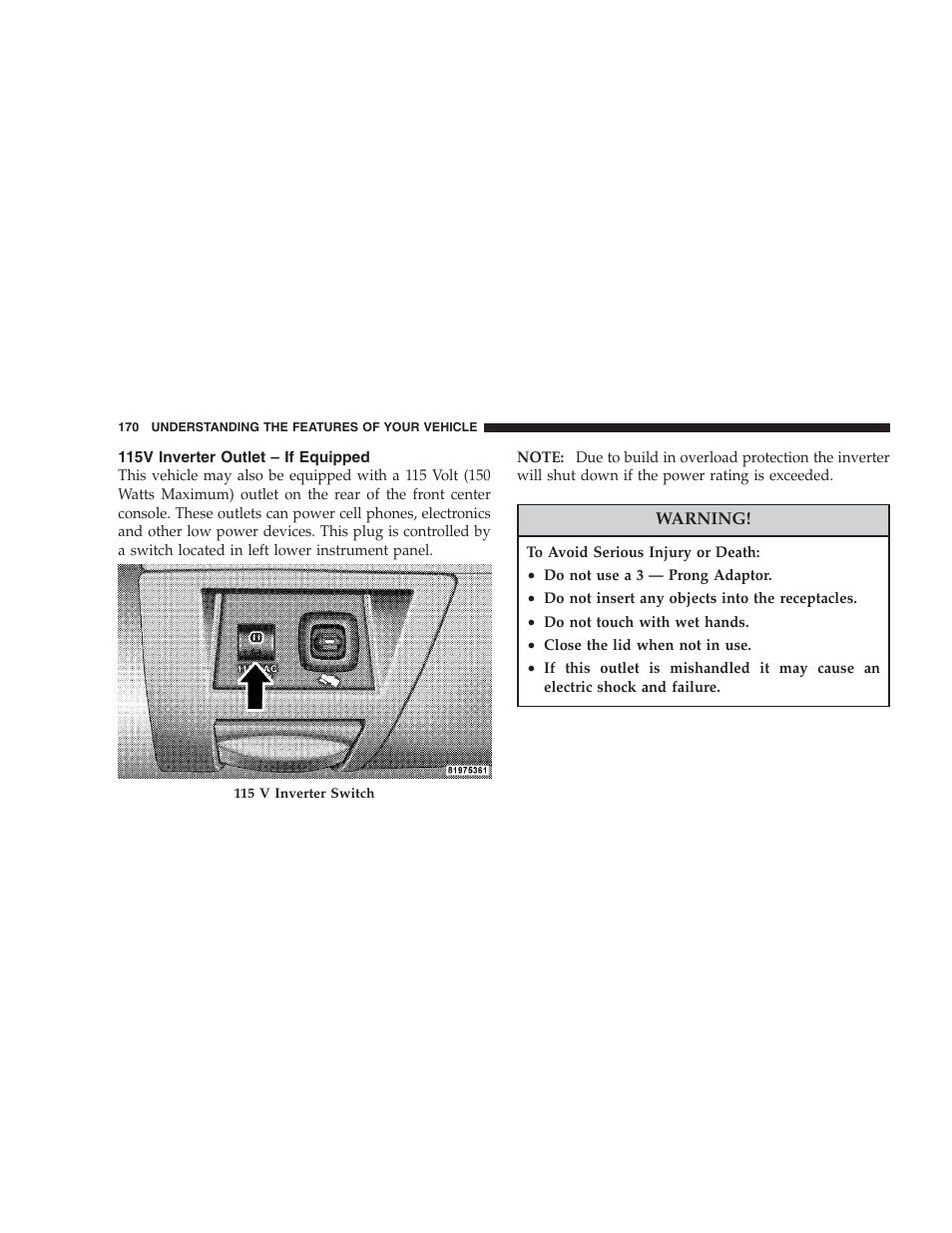 115v inverter outlet – if equipped | Chrysler 2007 Aspen User Manual | Page 170 / 472